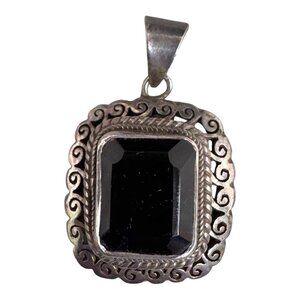 Vintage Sterling Silver Black Onyx Pendant Ornate Filigree Scrollwork  Gemstone